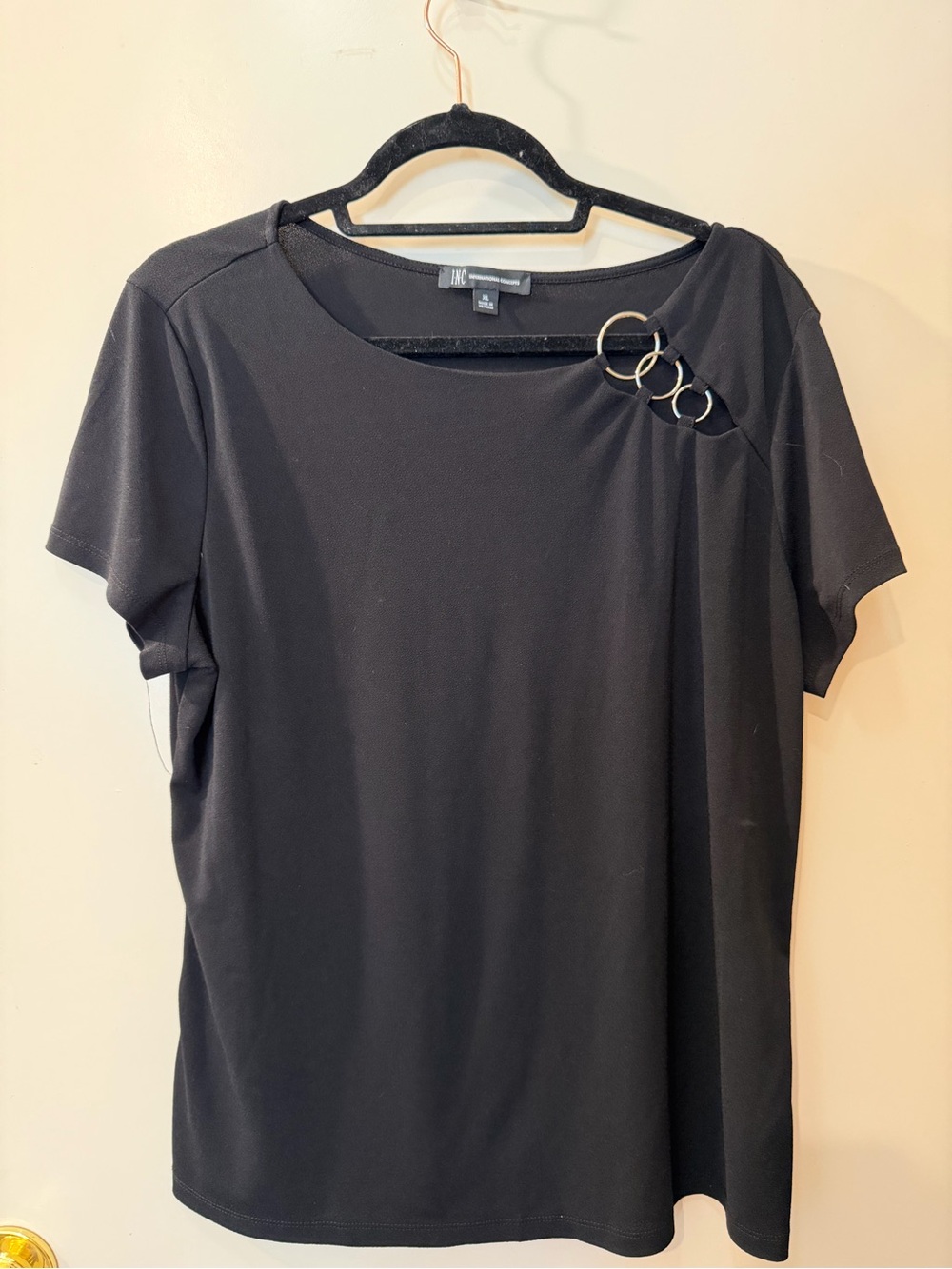 INC International Concepts Black Short-Sleeve Top with Ring Detail